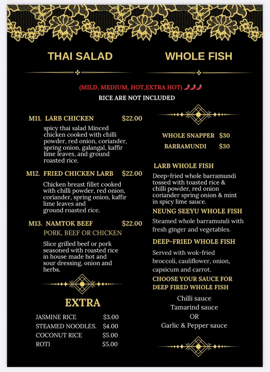 Menu, Whang Thai (Whittlesea)