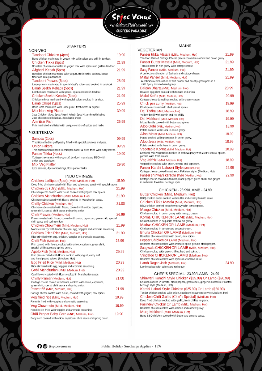 Menu, Spice Venue