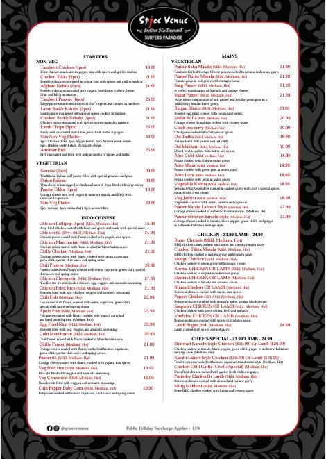 Menu, Spice Venue