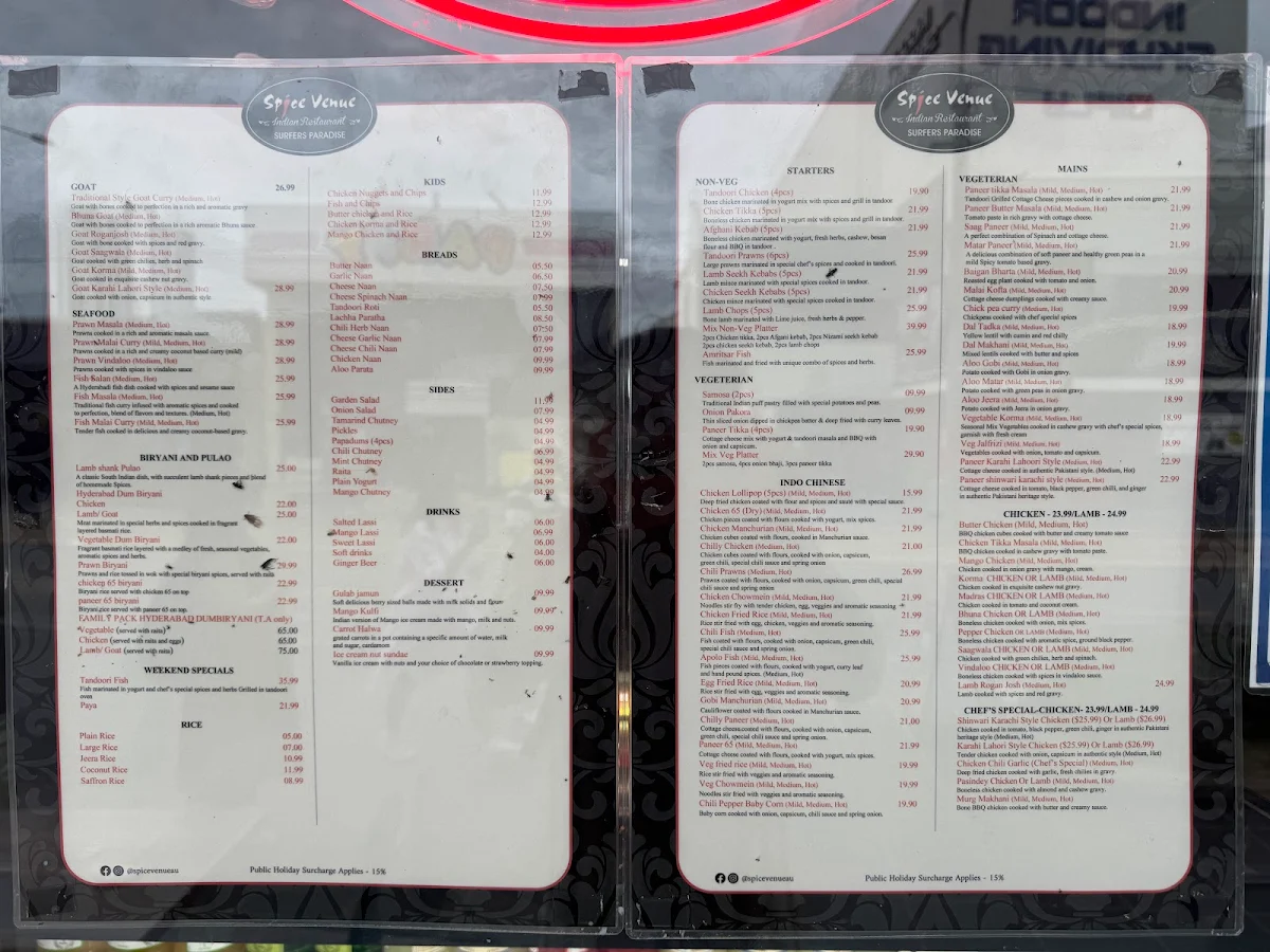 Menu, Spice Venue