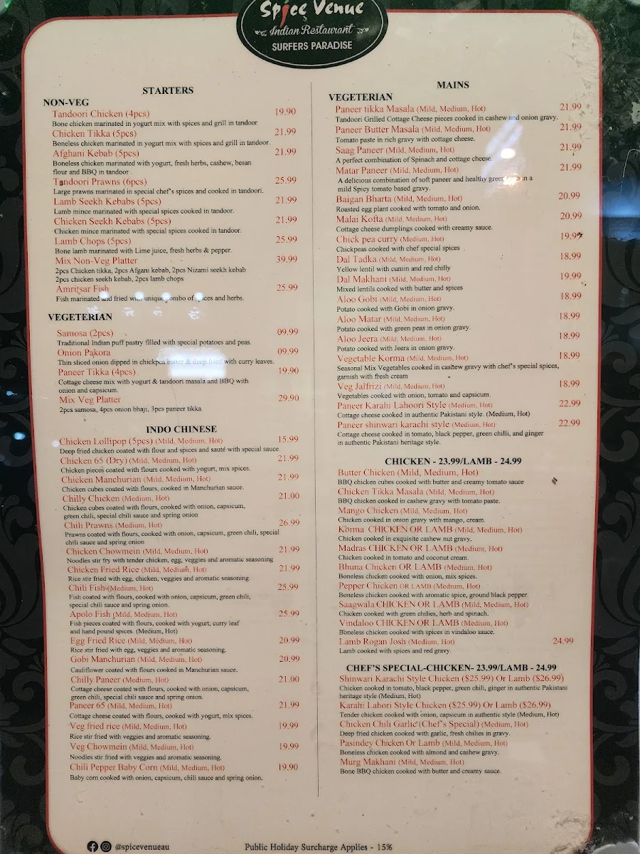 Menu, Spice Venue