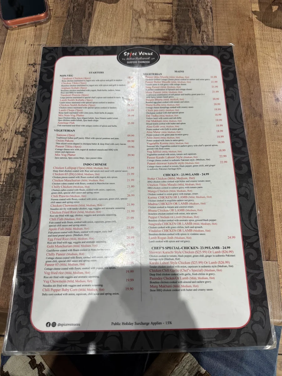 Menu, Spice Venue