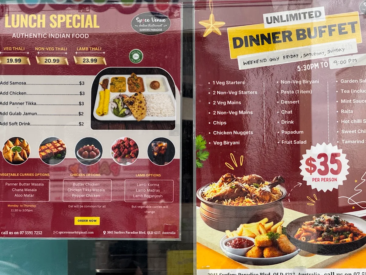 Menu, Spice Venue