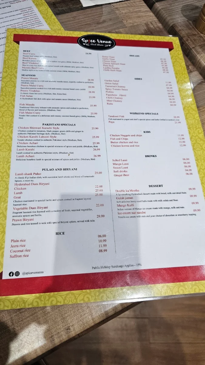 Menu, Spice Venue