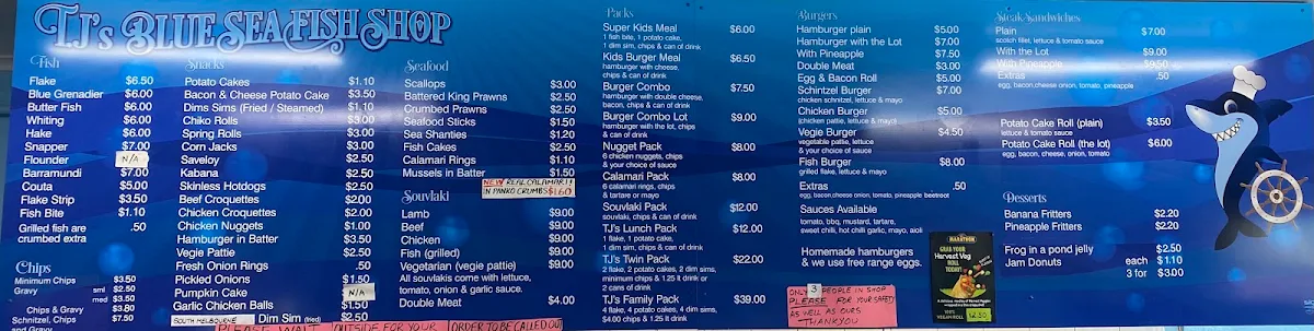 Menu, T.J's Blue Sea Fish Shop