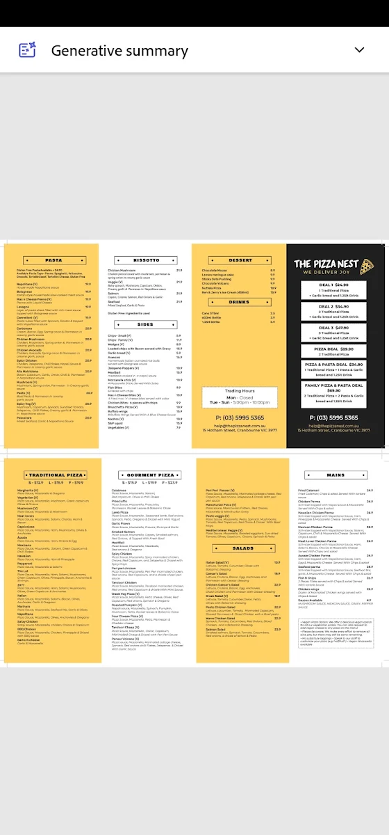 Menu, The Pizza Nest