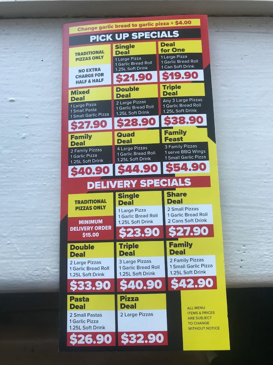 Menu, The Pizza Nest