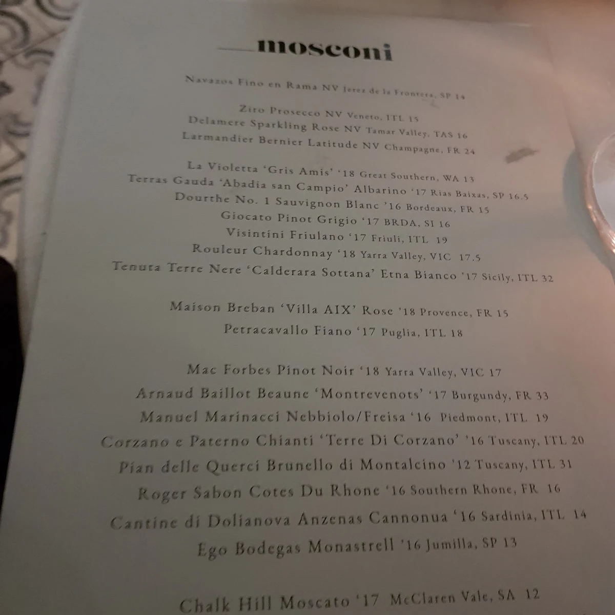 Menu, Mosconi