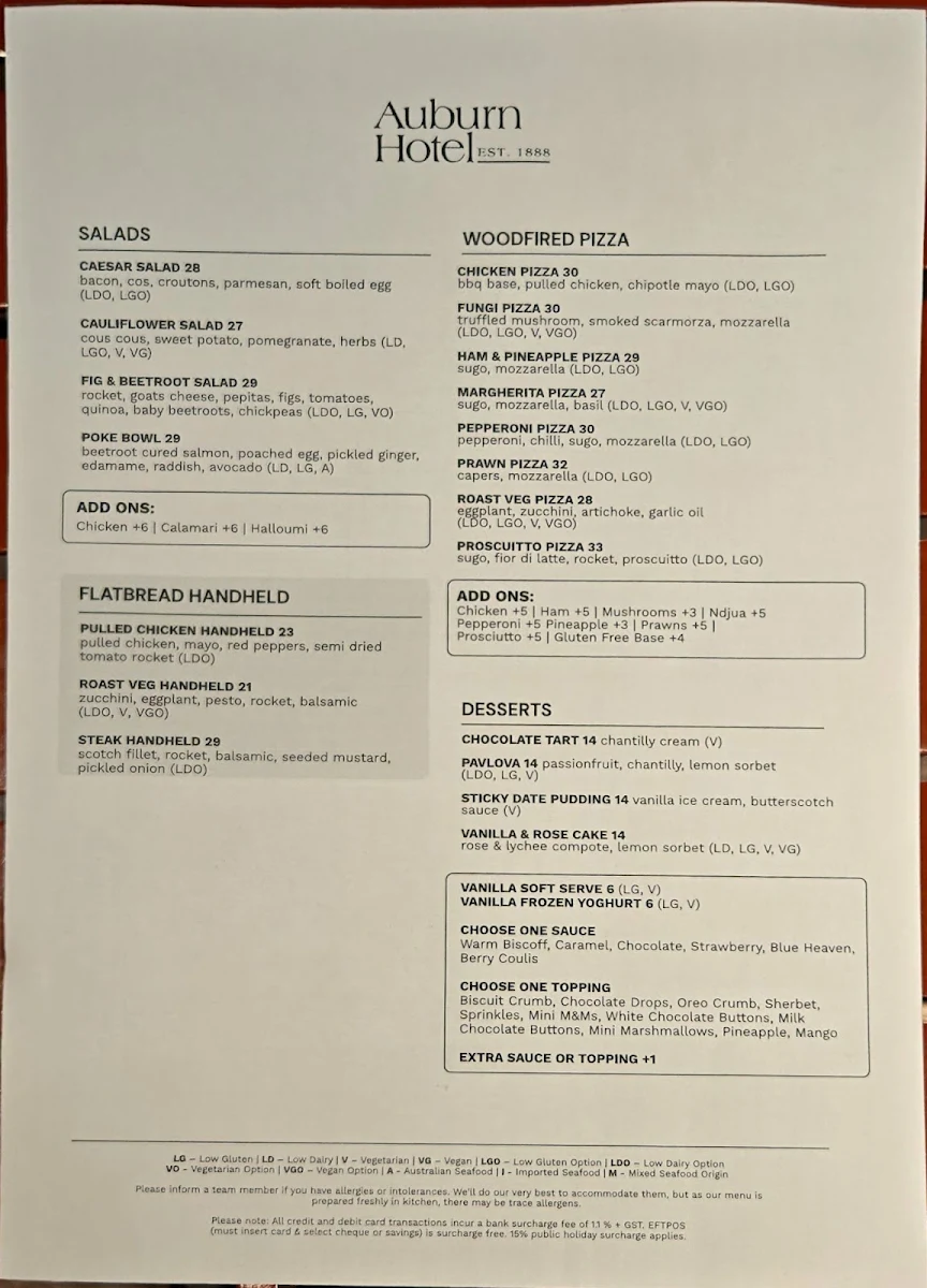 Menu, Auburn Hotel
