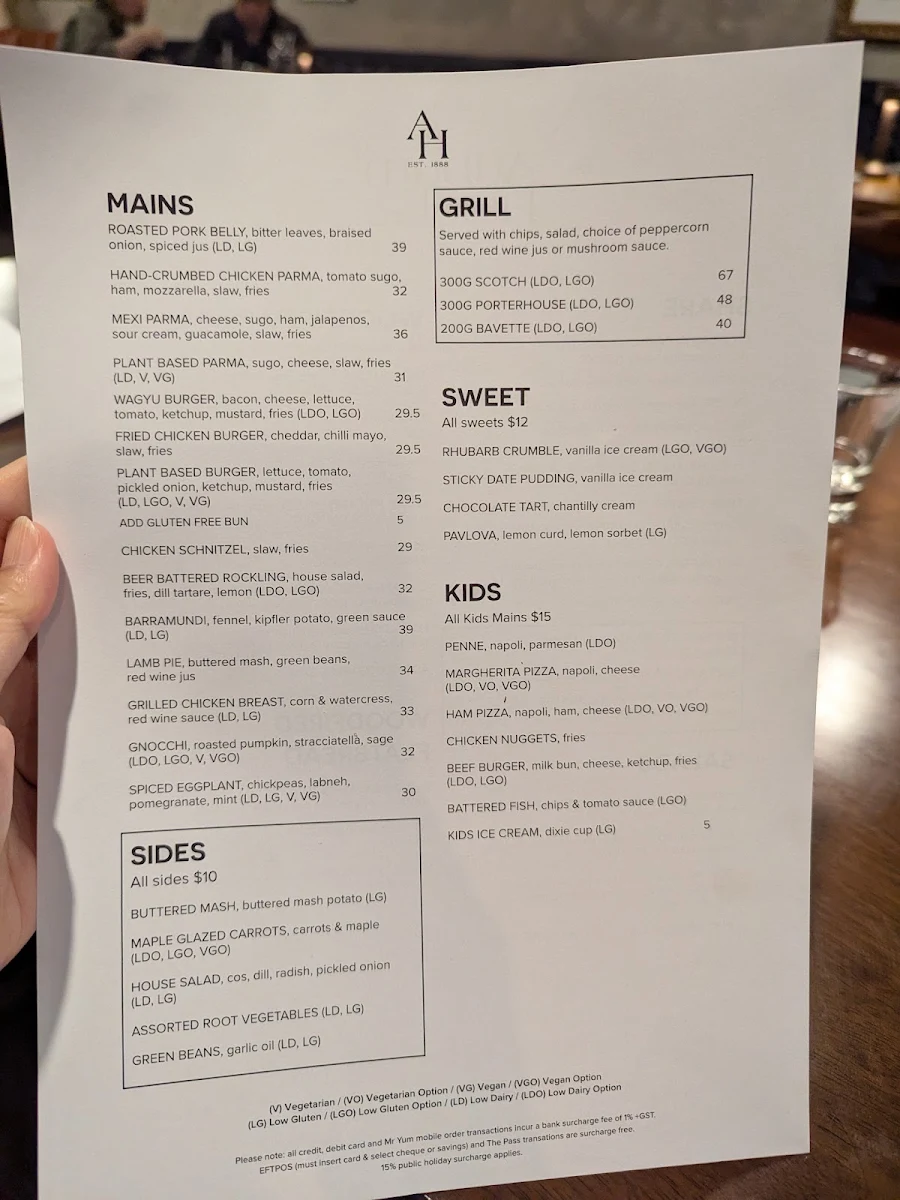 Menu, Auburn Hotel