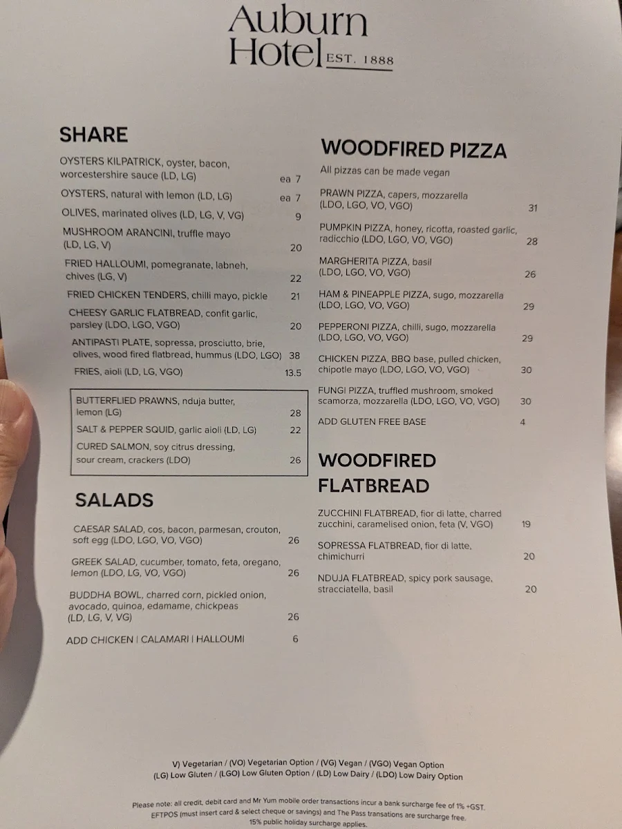 Menu, Auburn Hotel