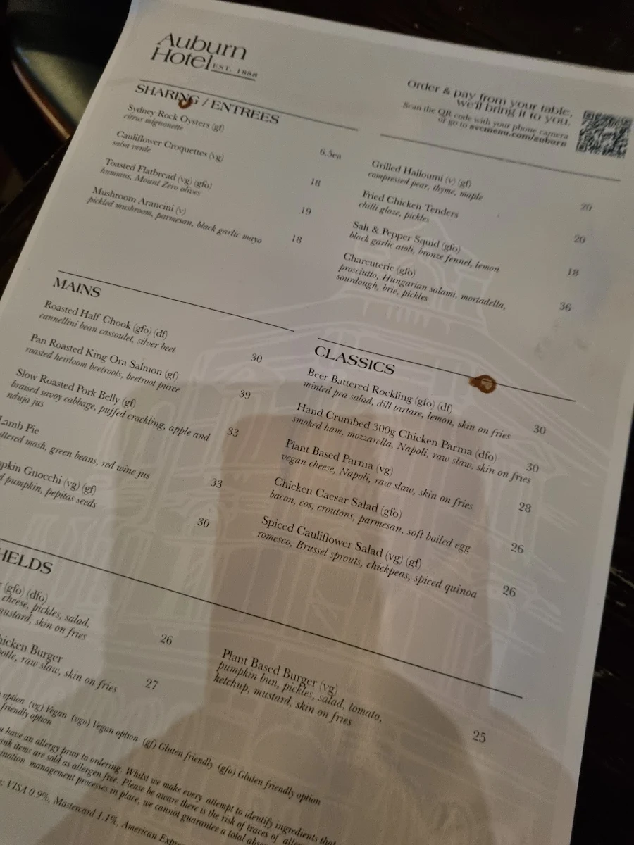 Menu, Auburn Hotel