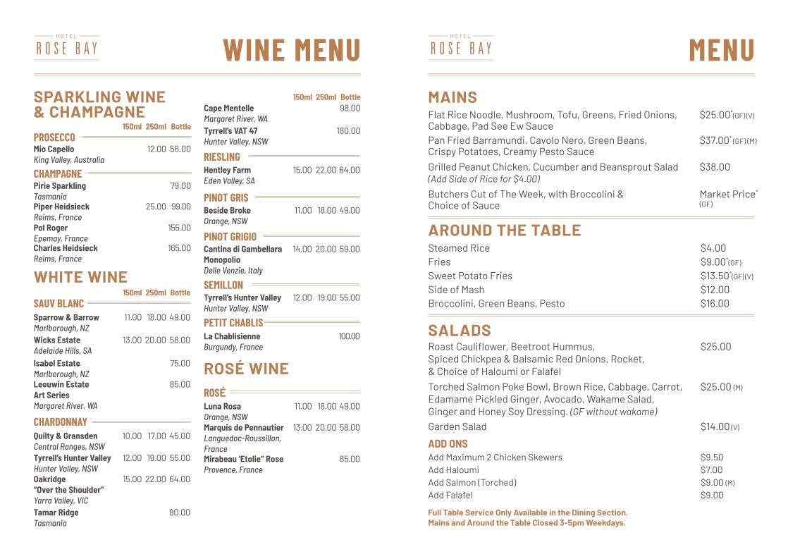 Menu, Hotel Rose Bay