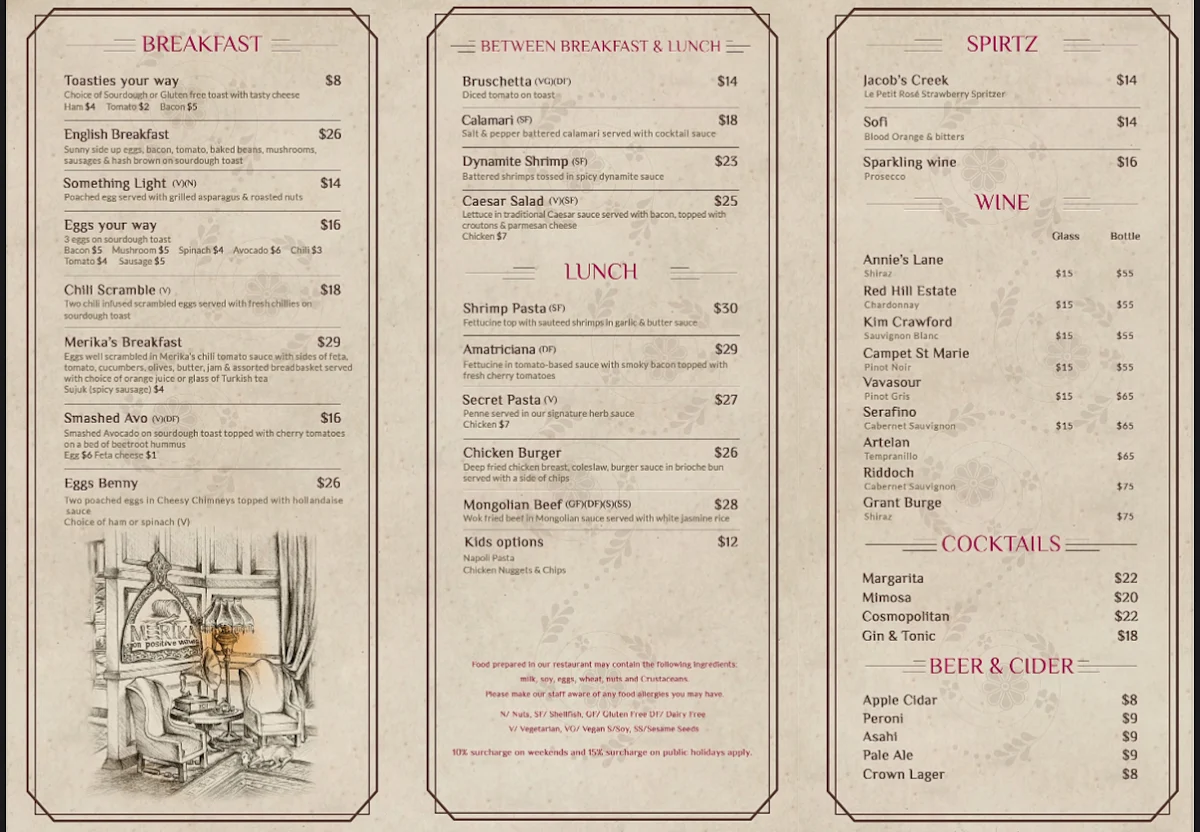 Menu, Merika Cafe & Restaurant