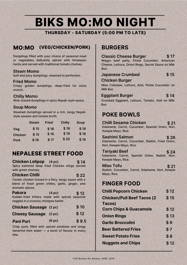Menu, Bik's Cafe