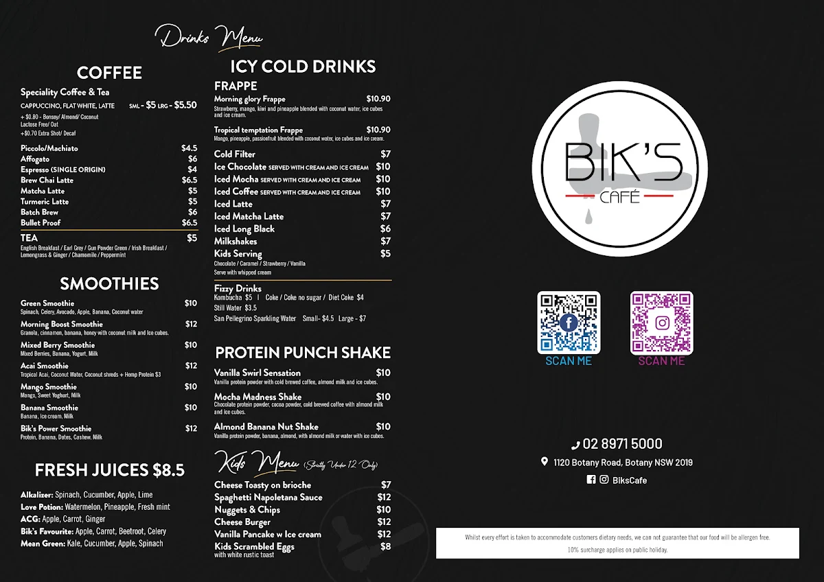 Menu, Bik's Cafe