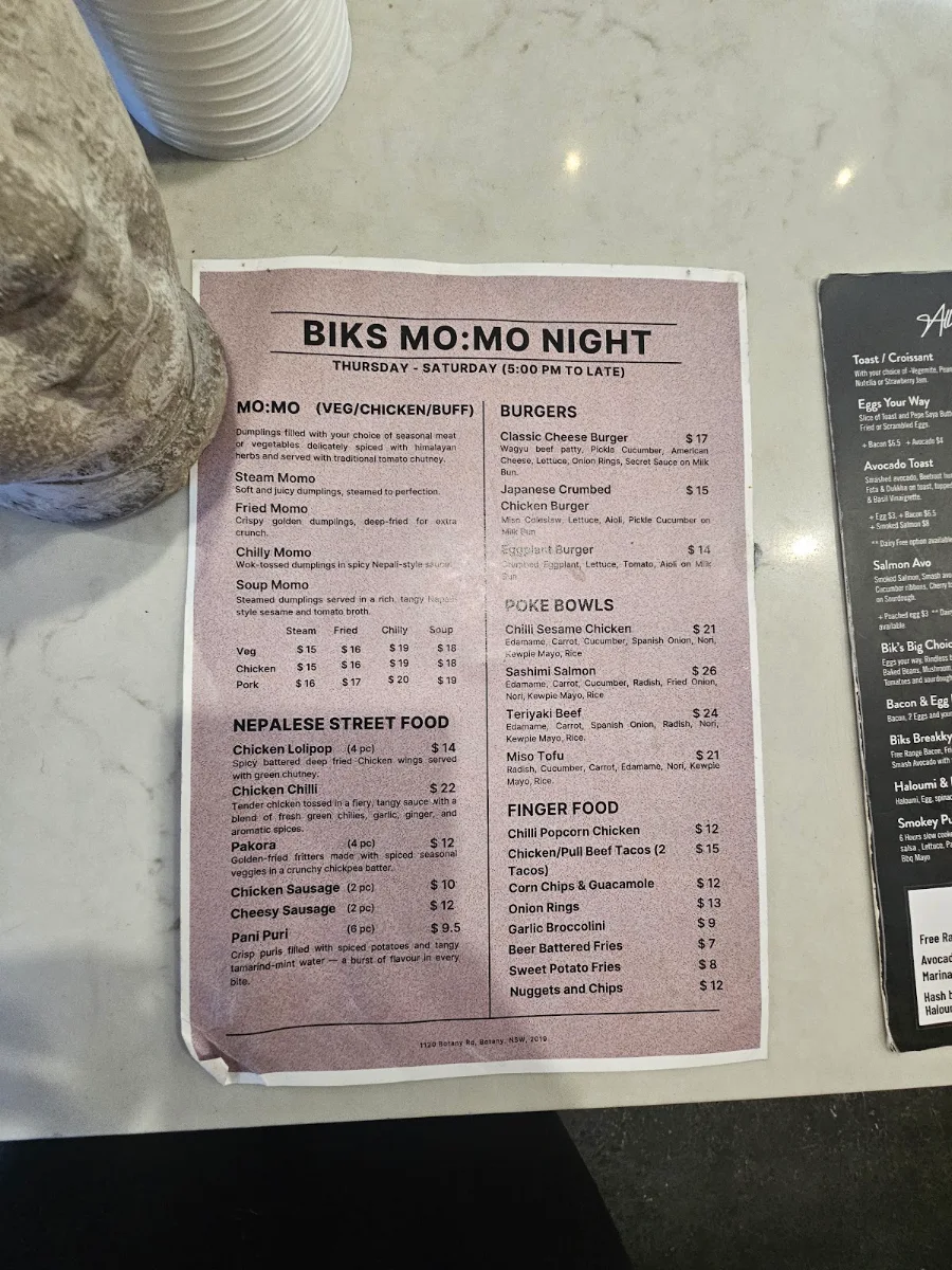 Menu, Bik's Cafe
