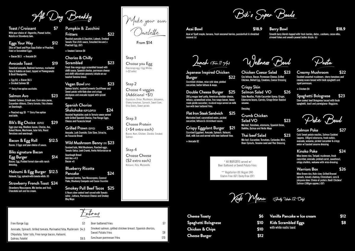 Menu, Bik's Cafe