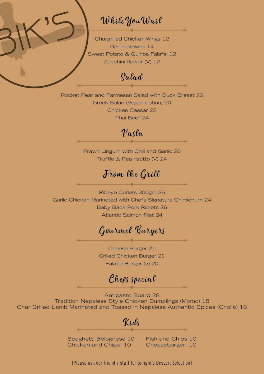 Menu, Bik's Cafe