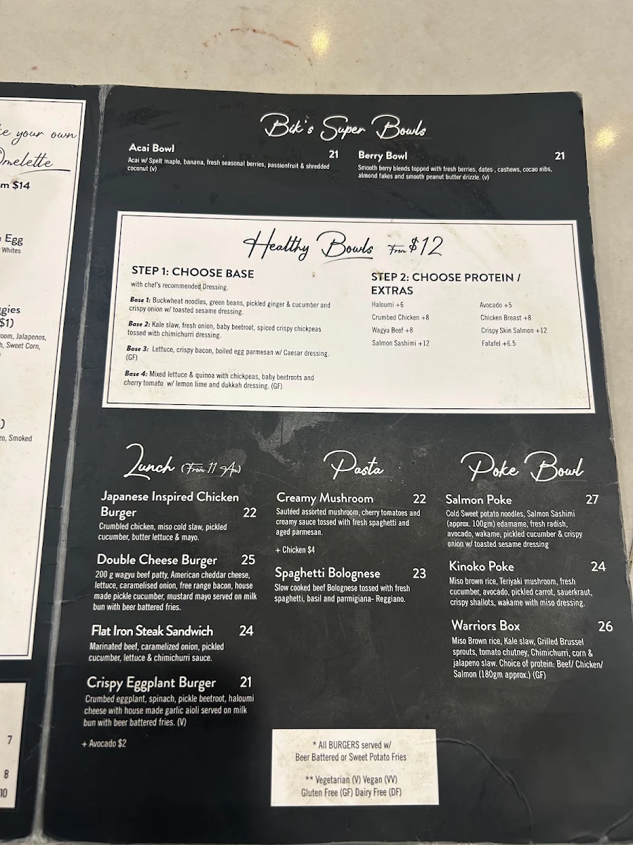 Menu, Bik's Cafe