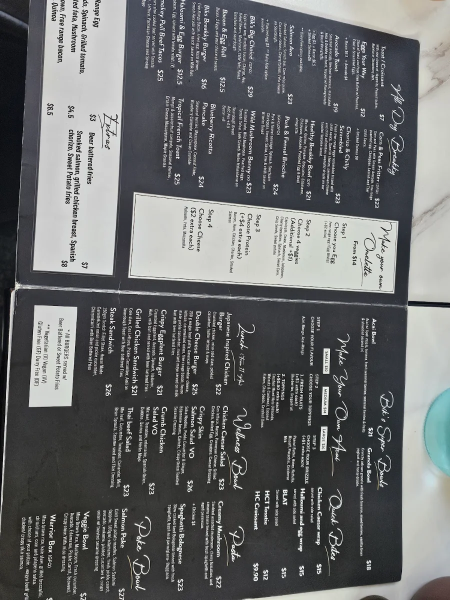 Menu, Bik's Cafe
