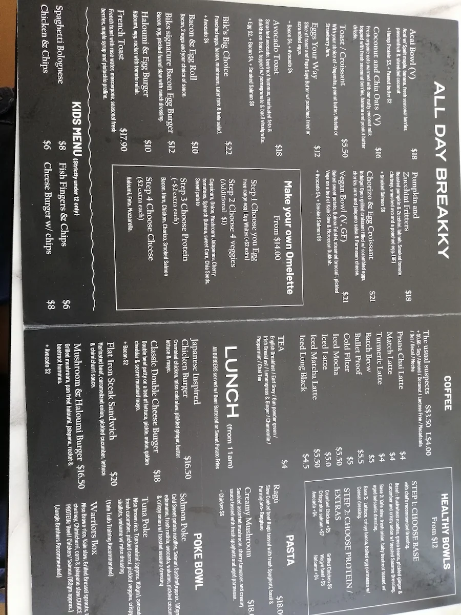Menu, Bik's Cafe