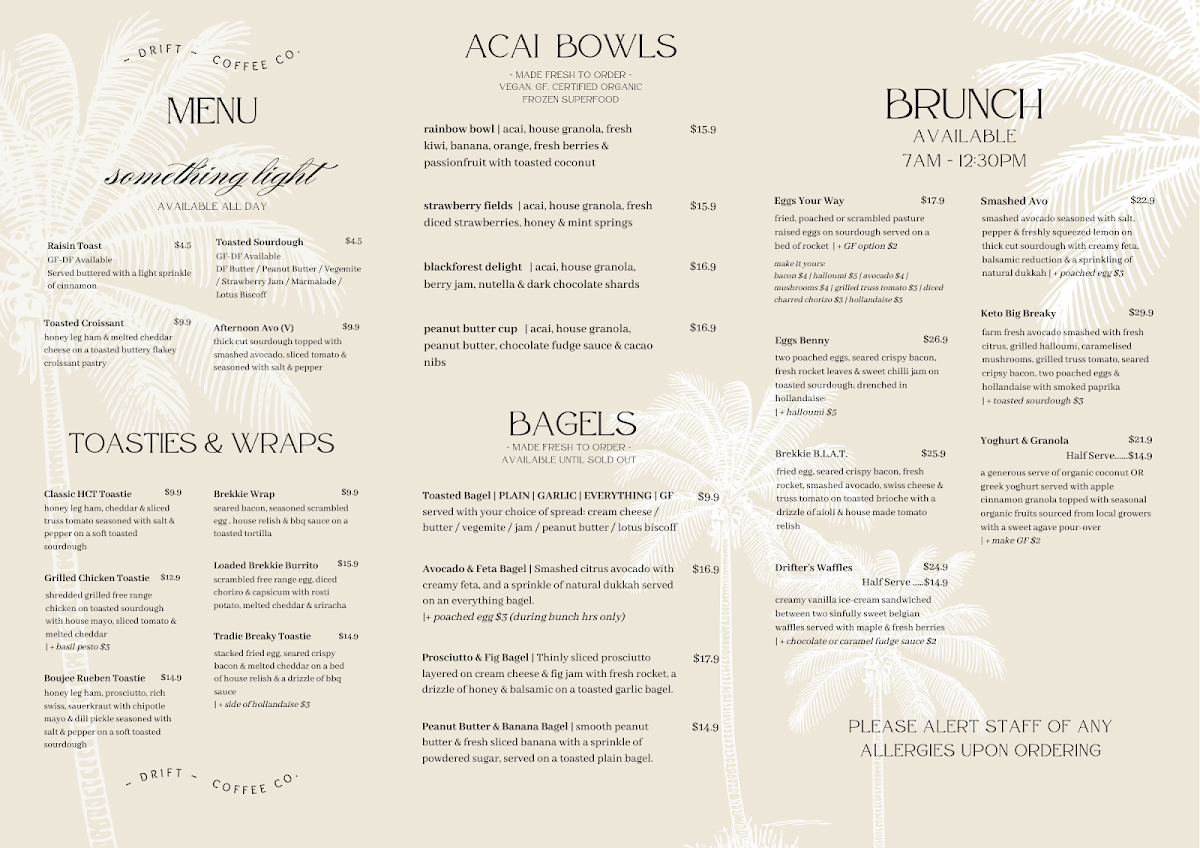 Menu, Drift Coffee Company