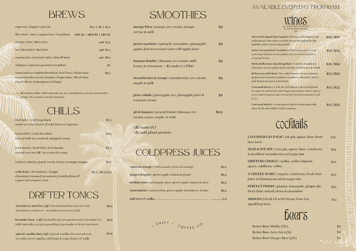Menu, Drift Coffee Company