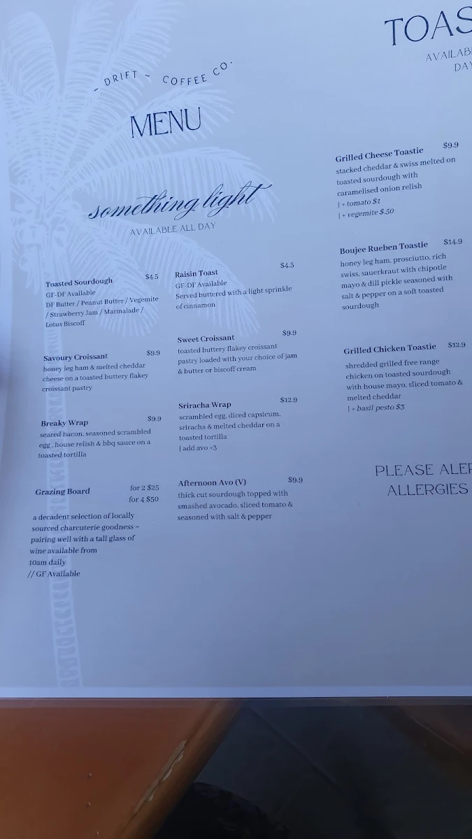 Menu, Drift Coffee Company