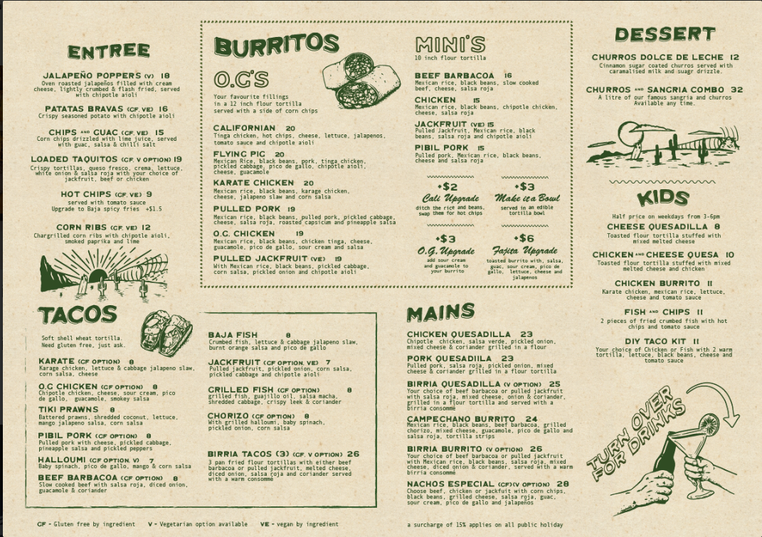 Menu, Beach Burrito Co. Coogee