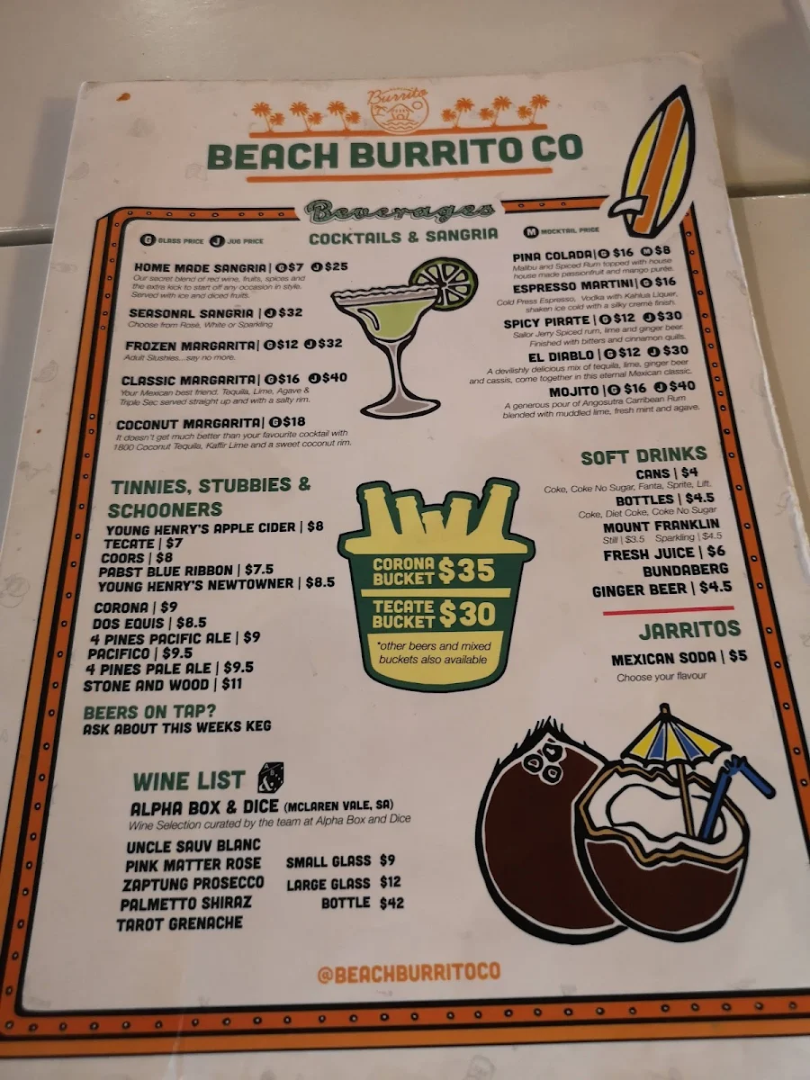 Menu, Beach Burrito Co. Coogee