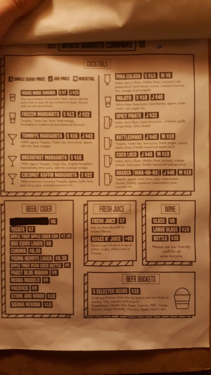 Menu, Beach Burrito Co. Coogee