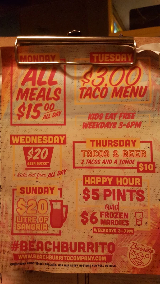 Menu, Beach Burrito Co. Coogee