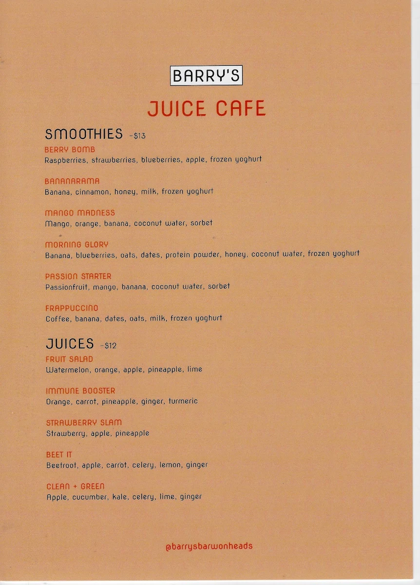 Menu, BARRY'S - Juice Cafe + Burger Bar