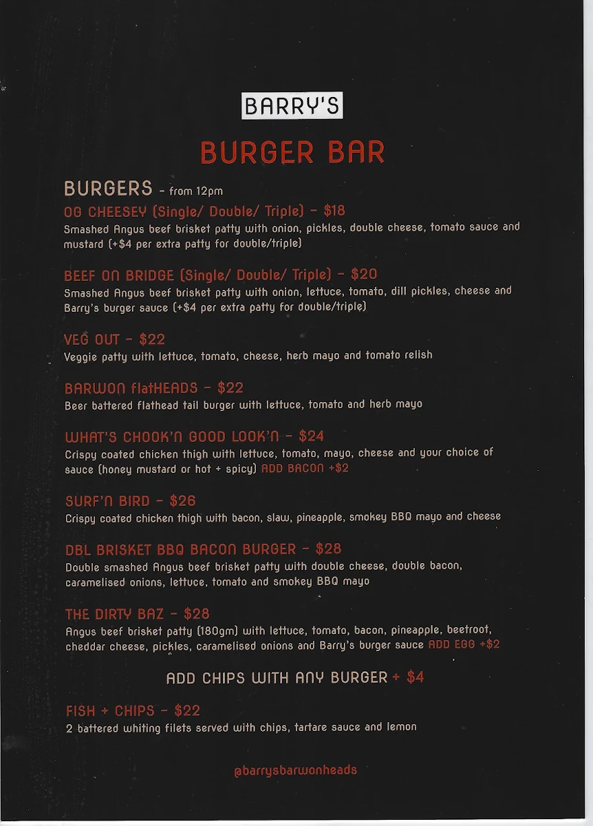 Menu, BARRY'S - Juice Cafe + Burger Bar