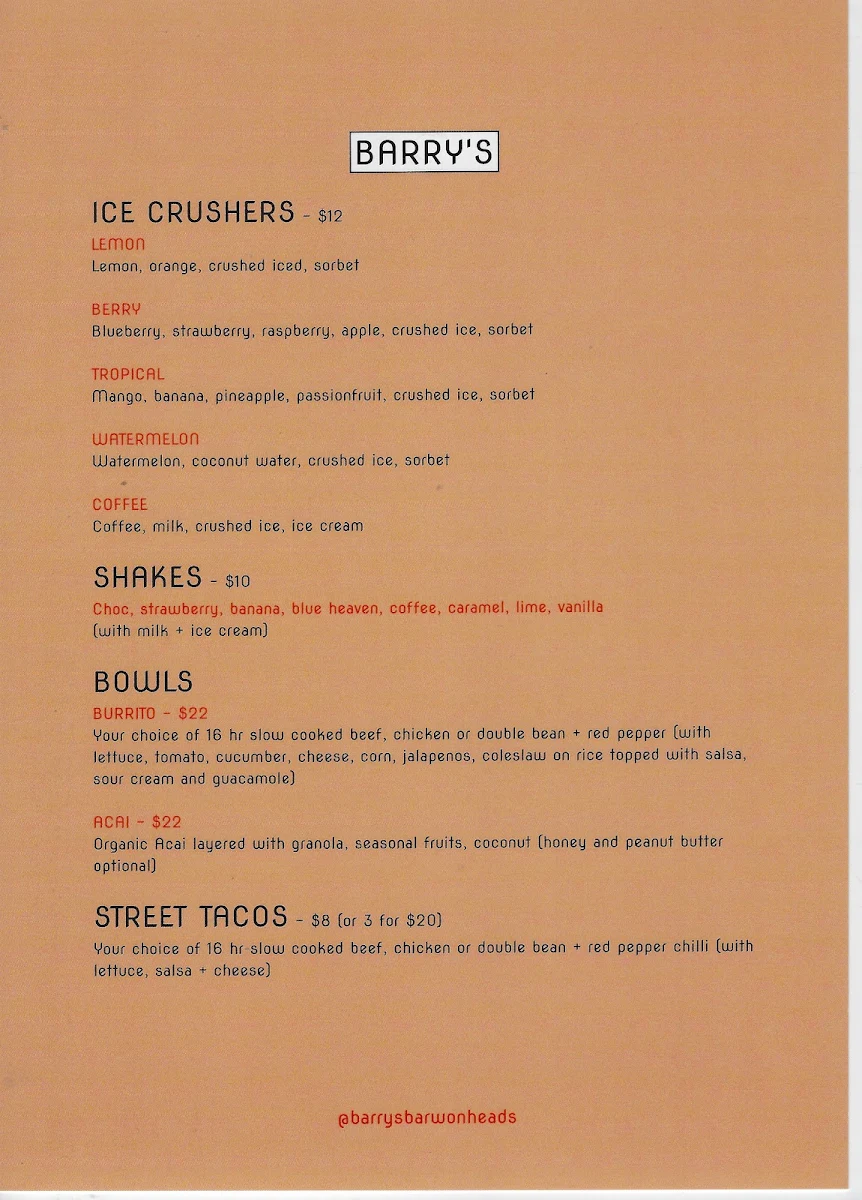 Menu, BARRY'S - Juice Cafe + Burger Bar