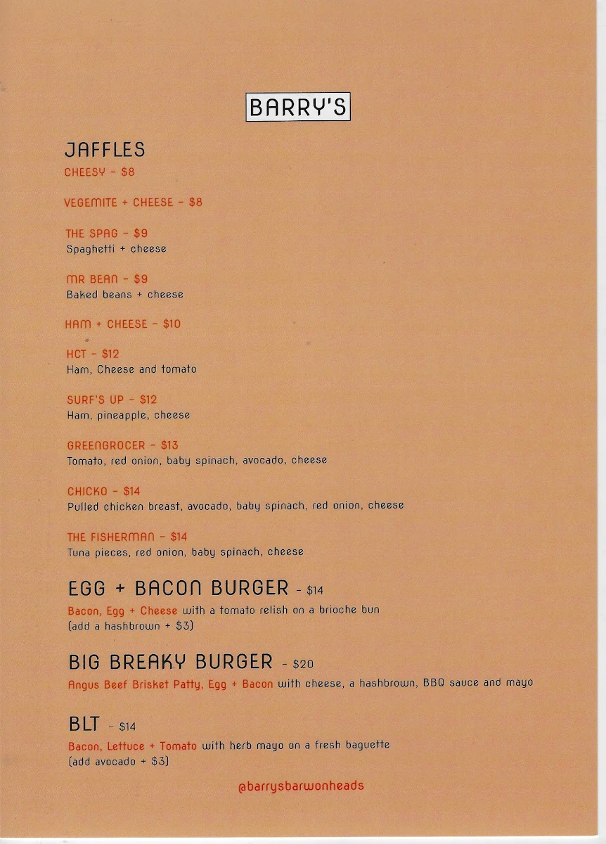 Menu, BARRY'S - Juice Cafe + Burger Bar