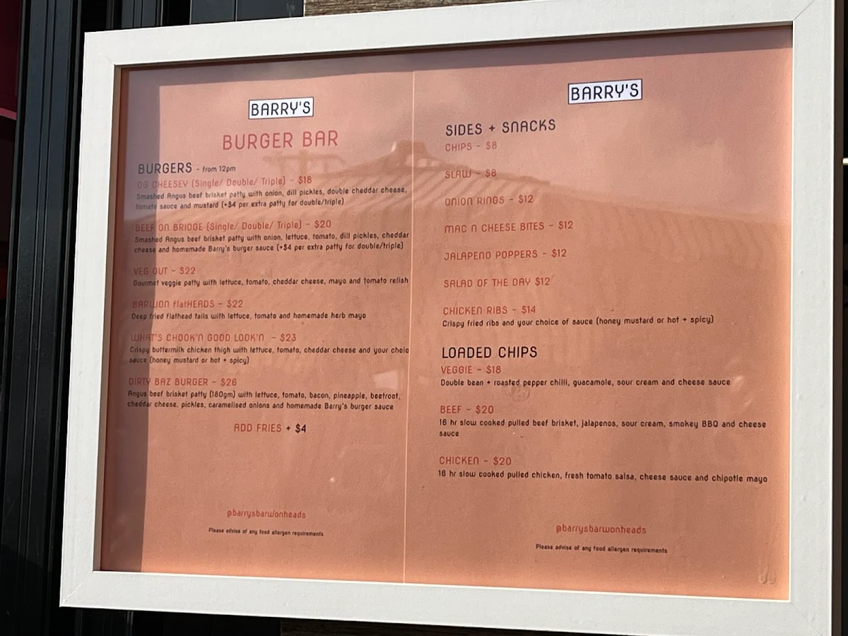 Menu, BARRY'S - Juice Cafe + Burger Bar