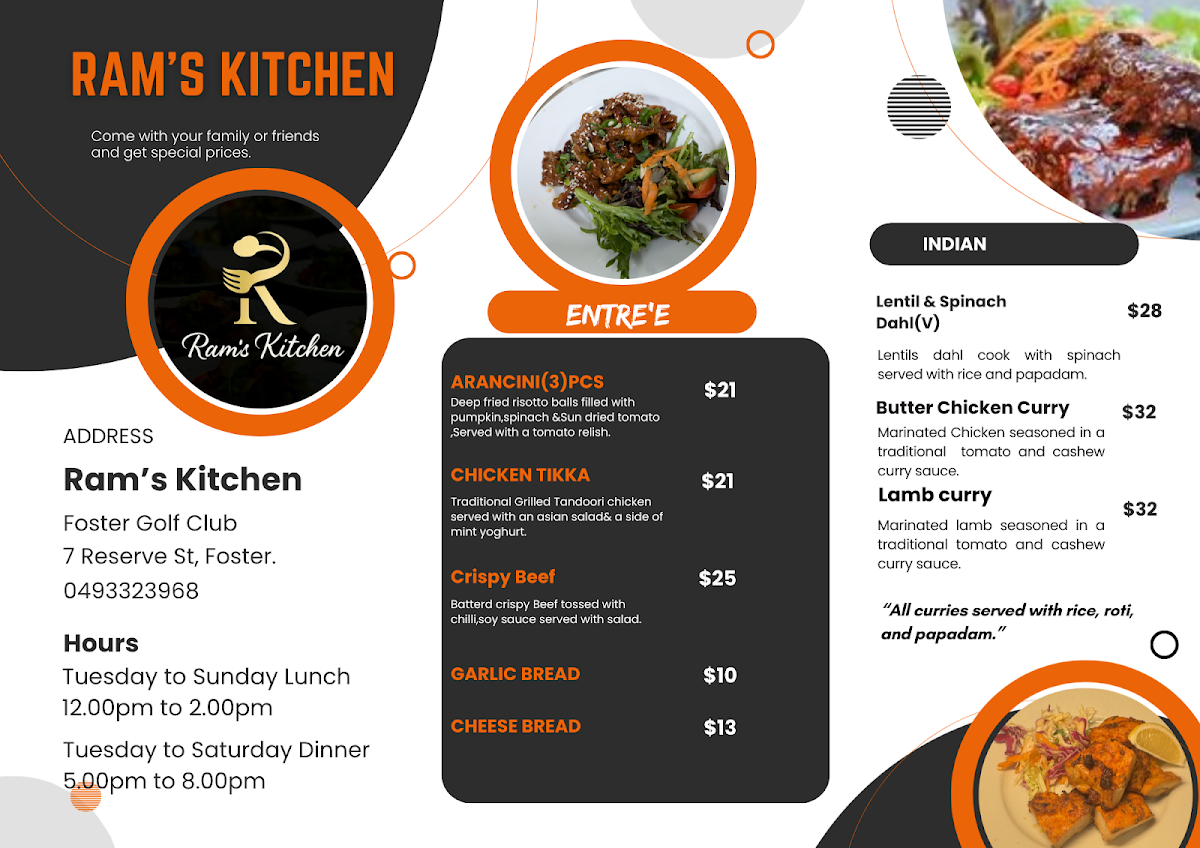Menu, Ram's kitchen @ foster golf club