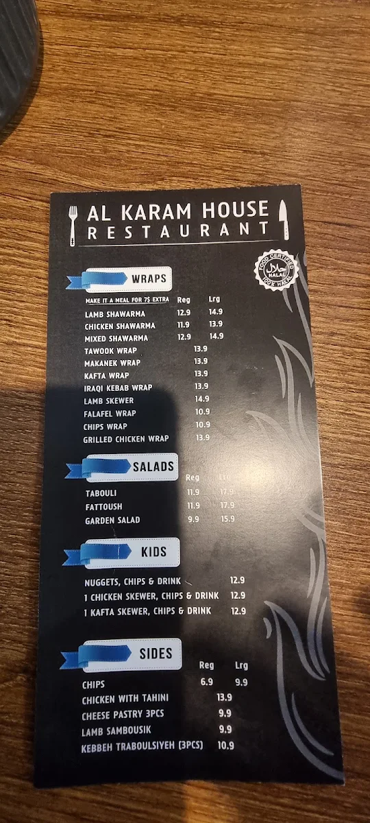 Menu, Al Karam house restaurant