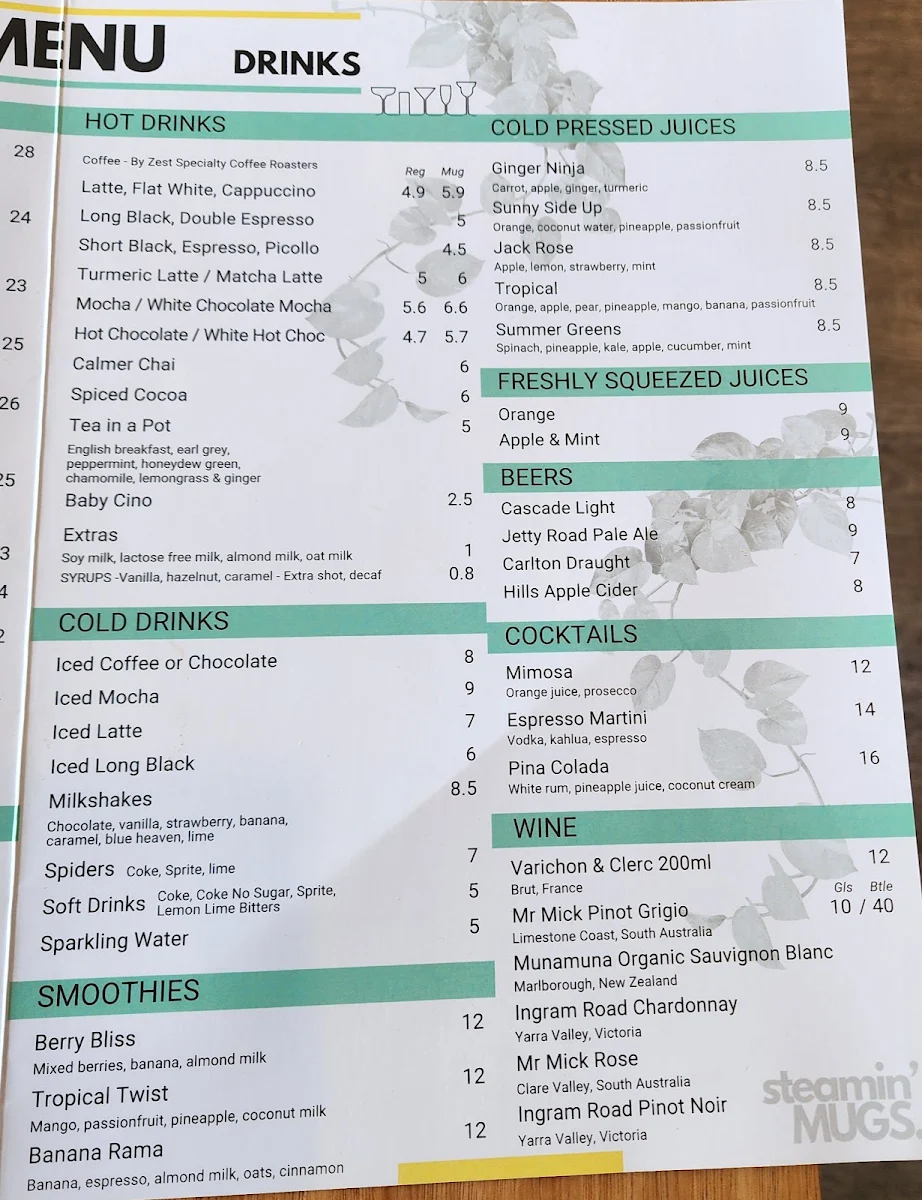 Menu, Steamin Mugs