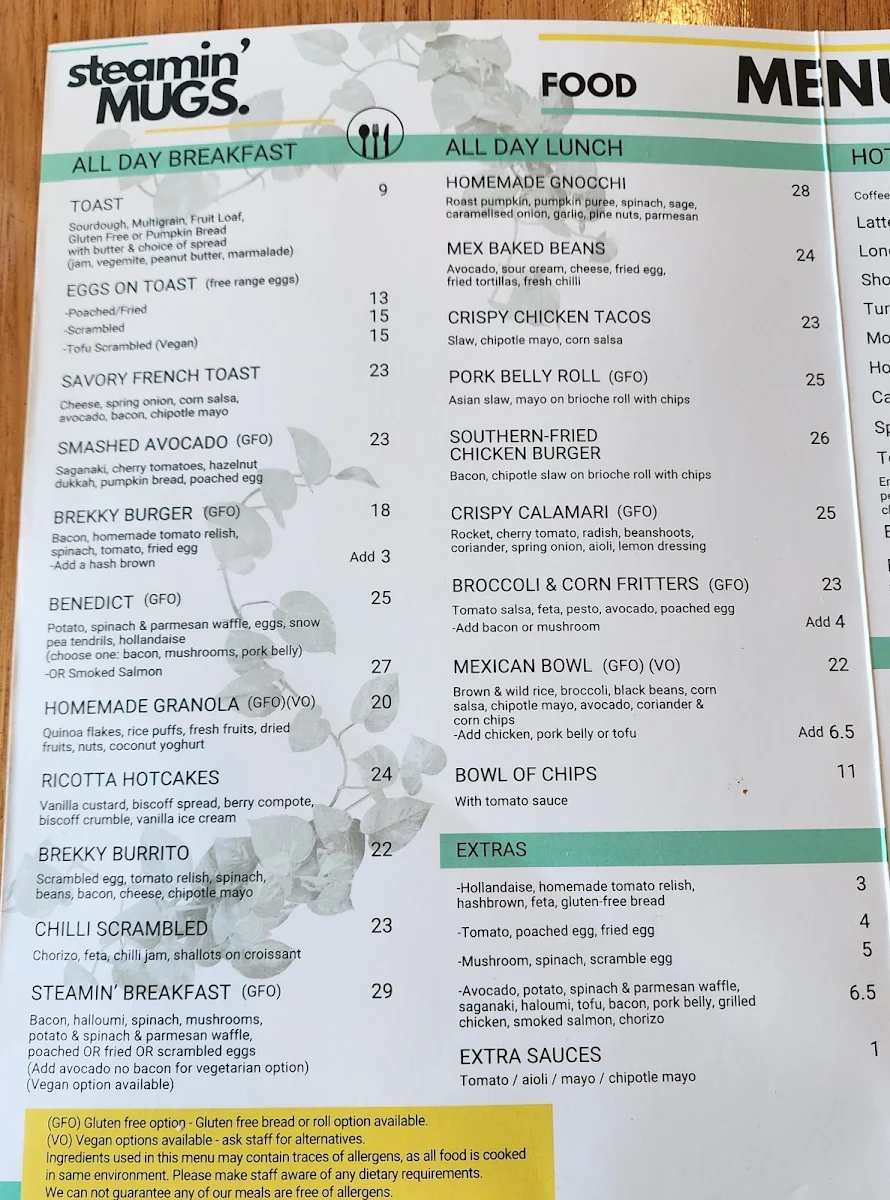 Menu, Steamin Mugs
