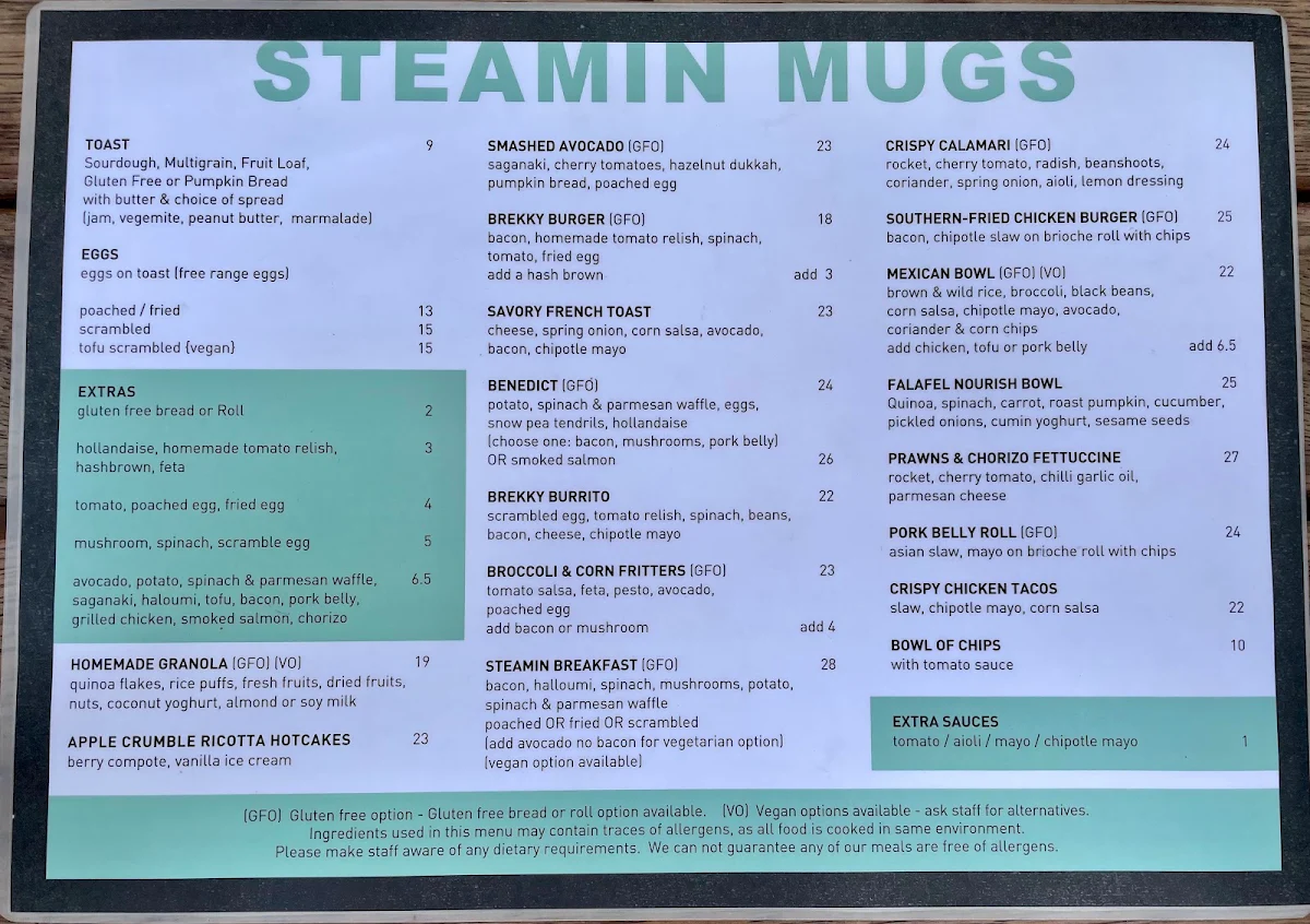 Menu, Steamin Mugs