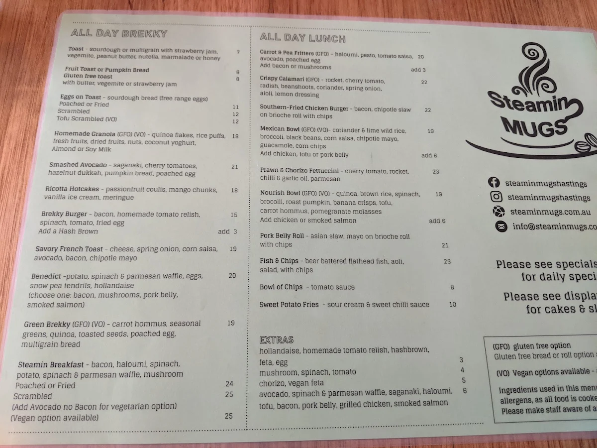 Menu, Steamin Mugs