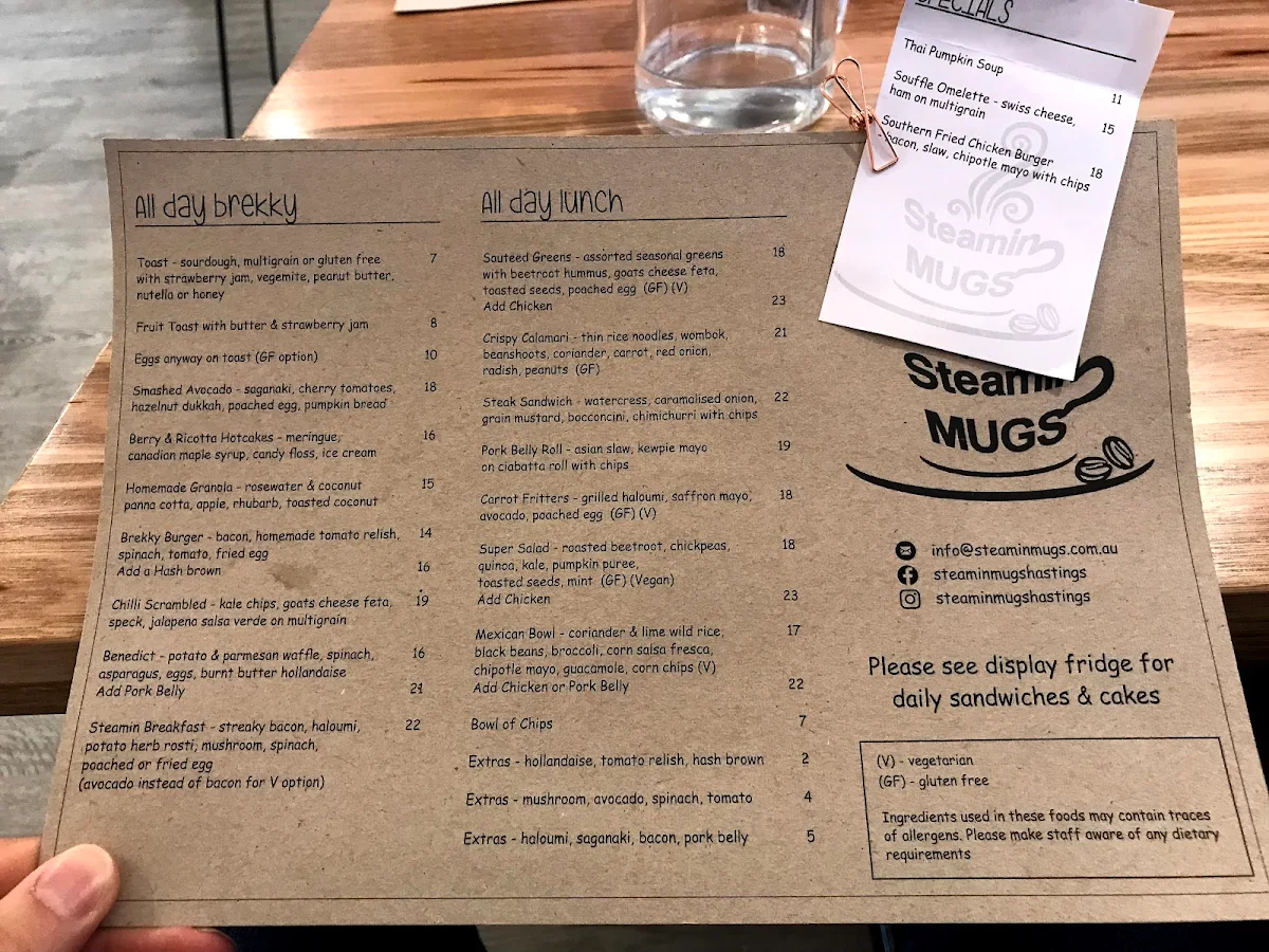 Menu, Steamin Mugs