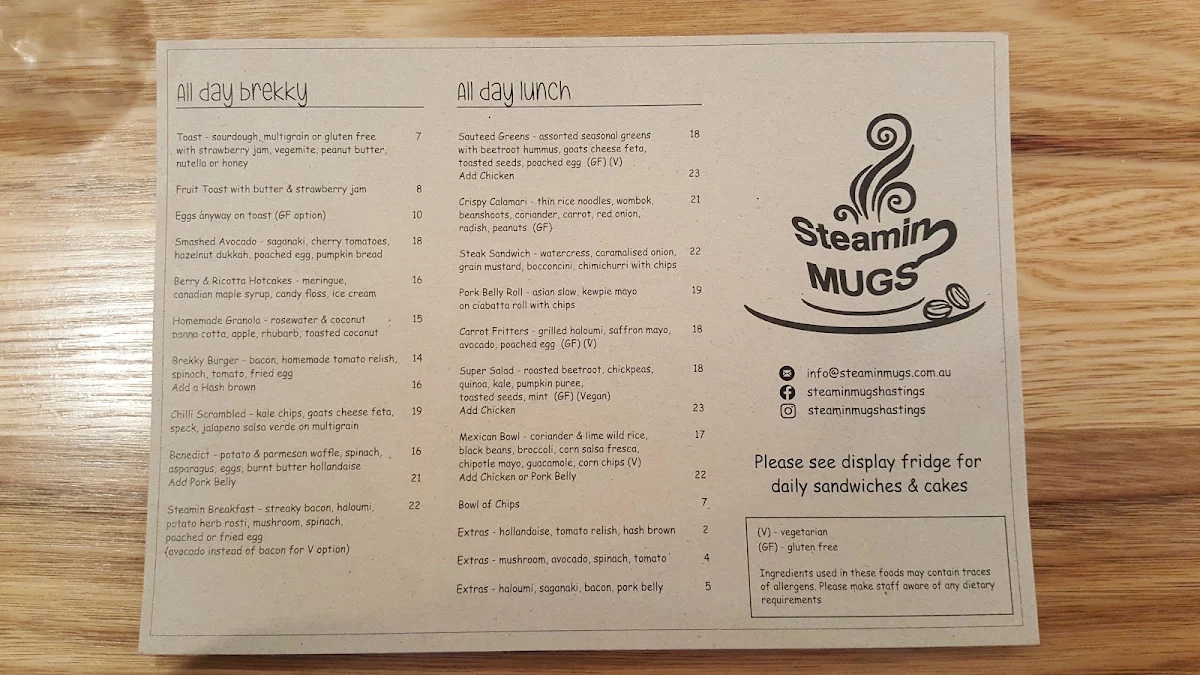 Menu, Steamin Mugs