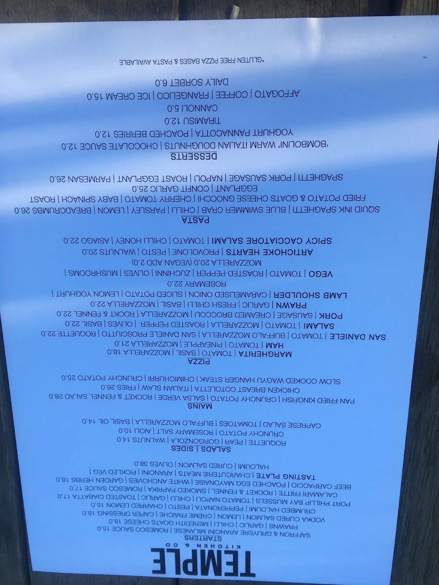 Menu, Temple Kitchen & Co