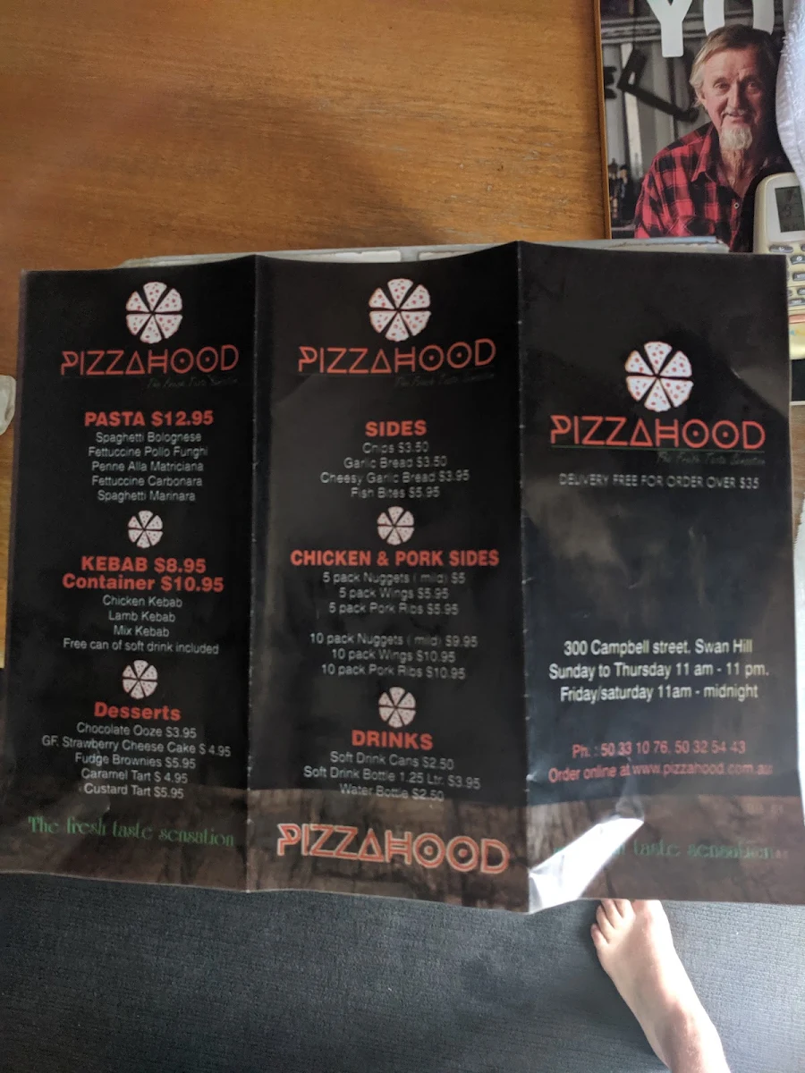 Menu, Pizza Hood