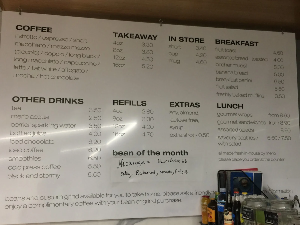 Menu, Merlo Coffee Cafe QUT Gardens Point
