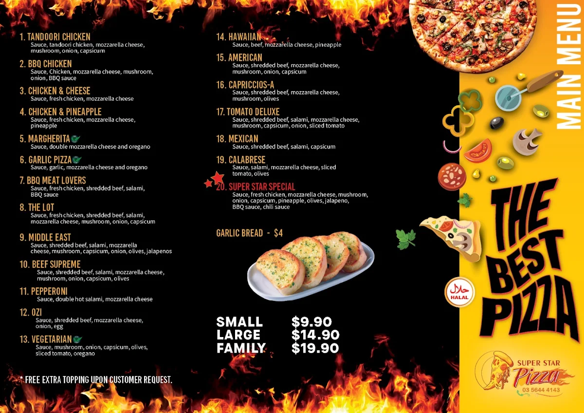 Menu, Super Star Pizza Cranbourne
